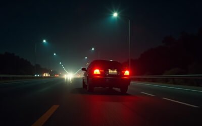 Cinematic wide-angle shot of a dark, multi-lane freeway at night, illuminated by emergency lights, with smoke rising from a damaged vehicle, representing the fatal 605 Freeway crash.