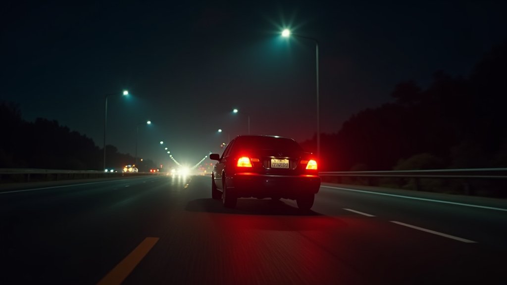 Cinematic wide-angle shot of a dark, multi-lane freeway at night, illuminated by emergency lights, with smoke rising from a damaged vehicle, representing the fatal 605 Freeway crash.