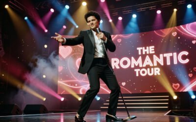 Bruno Mars performing on stage during "The Romantic Tour" with energetic stage lighting.