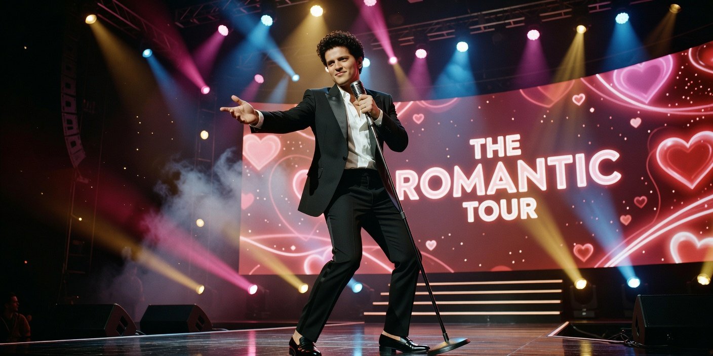 Bruno Mars performing on stage during "The Romantic Tour" with energetic stage lighting.
