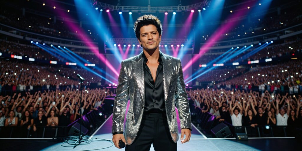 Professional editorial portrait of Bruno Mars performing on stage during 'The Romantic Tour'.