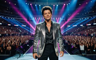 Professional editorial portrait of Bruno Mars performing on stage during 'The Romantic Tour'.