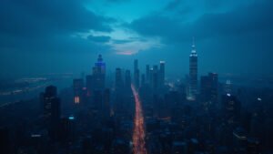 Cinematic wide-angle shot of a lively bar interior at night, representing California's proposed extended nightlife hours.