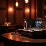Cinematic wide-angle shot of a dimly lit, sophisticated bar interior with a high-fidelity sound system, representing the revival of DTLA nightlife.