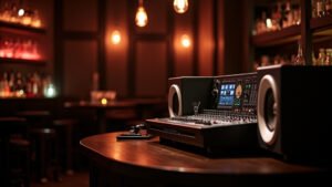 Cinematic wide-angle shot of a dimly lit, sophisticated bar interior with a high-fidelity sound system, representing the revival of DTLA nightlife.