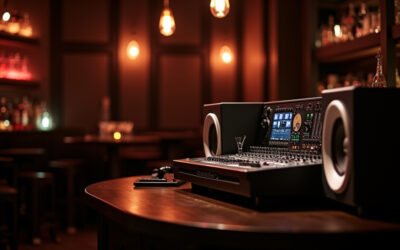 Cinematic wide-angle shot of a dimly lit, sophisticated bar interior with a high-fidelity sound system, representing the revival of DTLA nightlife.