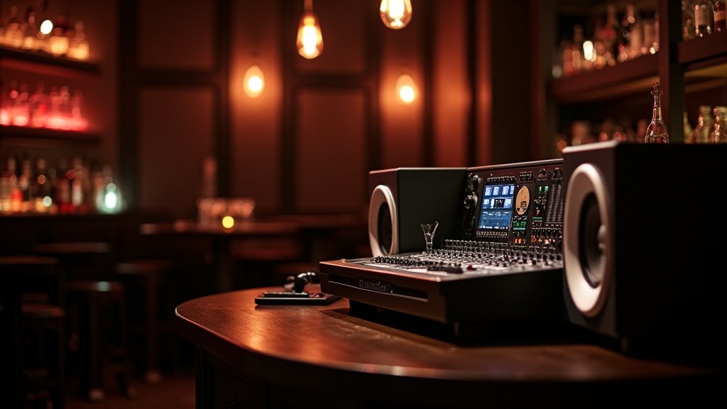 Cinematic wide-angle shot of a dimly lit, sophisticated bar interior with a high-fidelity sound system, representing the revival of DTLA nightlife.