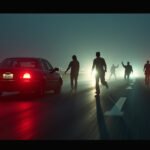 Cinematic wide-angle shot of a fiery car crash on a freeway at night, symbolizing the tragic consequences of DUI and reckless driving.