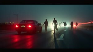 Cinematic wide-angle shot of a fiery car crash on a freeway at night, symbolizing the tragic consequences of DUI and reckless driving.