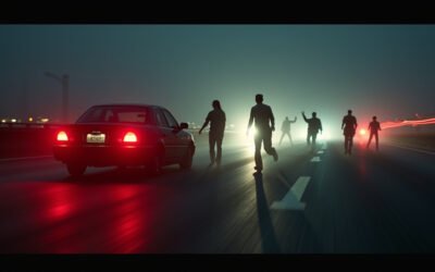 Cinematic wide-angle shot of a fiery car crash on a freeway at night, symbolizing the tragic consequences of DUI and reckless driving.