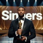 Professional editorial portrait of Michael B. Jordan accepting the Best Actor Oscar award for his role in "Sinners" at the 98th Academy Awards in 2026.