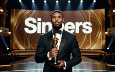 Professional editorial portrait of Michael B. Jordan accepting the Best Actor Oscar award for his role in "Sinners" at the 98th Academy Awards in 2026.
