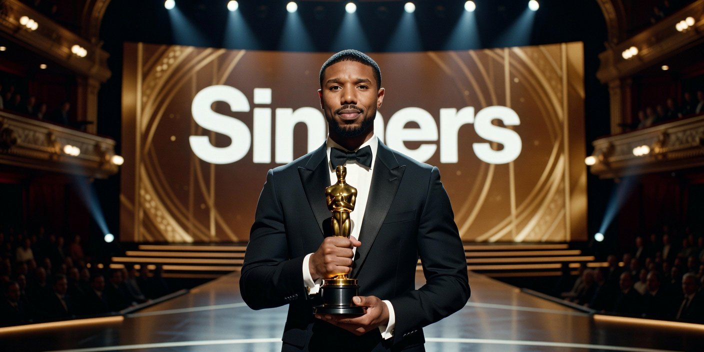 Professional editorial portrait of Michael B. Jordan accepting the Best Actor Oscar award for his role in "Sinners" at the 98th Academy Awards in 2026.