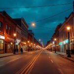 Cinematic wide-angle shot of a revitalized downtown street scene with vibrant pop-up shops, symbolizing urban renewal and the contrast with vacant storefronts.