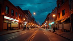 Cinematic wide-angle shot of a revitalized downtown street scene with vibrant pop-up shops, symbolizing urban renewal and the contrast with vacant storefronts.