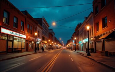 Cinematic wide-angle shot of a revitalized downtown street scene with vibrant pop-up shops, symbolizing urban renewal and the contrast with vacant storefronts.