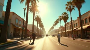 Cinematic wide-angle shot of a sun-drenched Los Angeles street during a record-breaking heatwave, symbolizing the oppressive summer-like March temperatures.