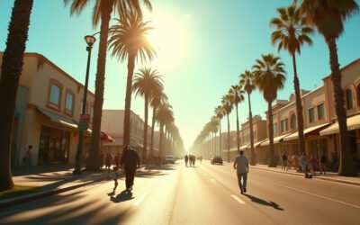 Cinematic wide-angle shot of a sun-drenched Los Angeles street during a record-breaking heatwave, symbolizing the oppressive summer-like March temperatures.