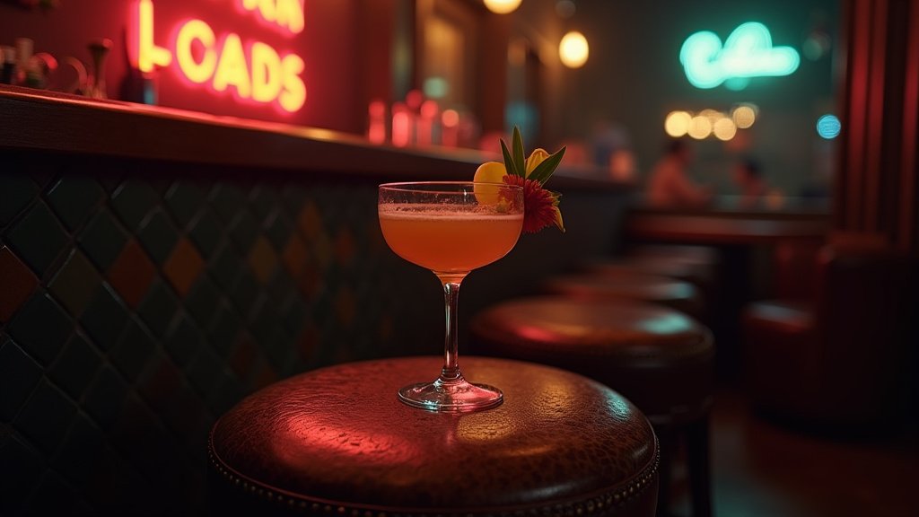 A sophisticated bar interior in Los Angeles, showcasing expertly crafted cocktails bathed in warm, editorial lighting, embodying the vibrant March 2026 nightlife scene.