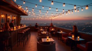 Sophisticated Los Angeles rooftop bar at dusk with panoramic city views, reflecting the aspirational and vibrant nightlife.