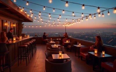 Sophisticated Los Angeles rooftop bar at dusk with panoramic city views, reflecting the aspirational and vibrant nightlife.