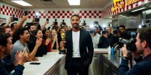 Michael B. Jordan celebrating his Best Actor Oscar win for 'Sinners' with a burger at an In-N-Out restaurant.