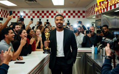 Michael B. Jordan celebrating his Best Actor Oscar win for 'Sinners' with a burger at an In-N-Out restaurant.