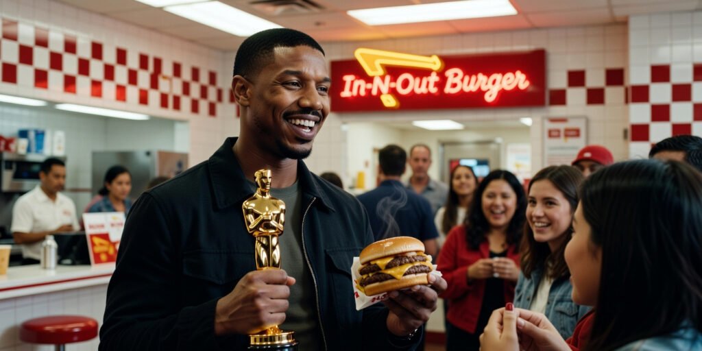 Michael B. Jordan celebrates his Best Actor Oscar win with a visit to In-N-Out Burger.