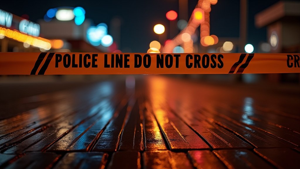 Cinematic wide-angle shot of the Santa Monica Pier at night, illustrating a scene of chaos and public safety concerns.