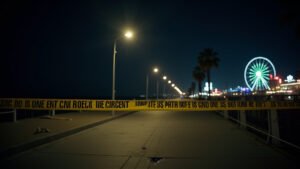 Cinematic wide-angle shot of the Santa Monica Pier at night, with police lights reflecting the somber mood after a shooting incident during a large fight.