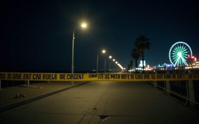 Cinematic wide-angle shot of the Santa Monica Pier at night, with police lights reflecting the somber mood after a shooting incident during a large fight.