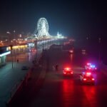 Cinematic wide-angle shot of the Santa Monica Pier at night, depicting a scene of investigation after a shooting incident.