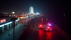 Cinematic wide-angle shot of the Santa Monica Pier at night, depicting a scene of investigation after a shooting incident.