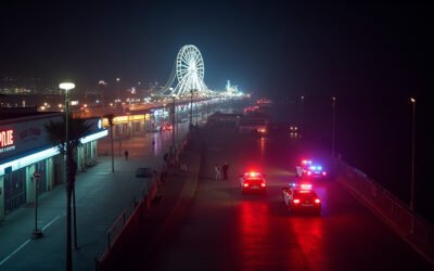 Cinematic wide-angle shot of the Santa Monica Pier at night, depicting a scene of investigation after a shooting incident.