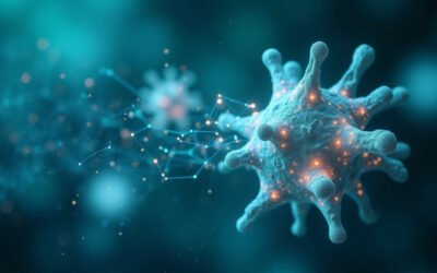 Symbolic image of a high-tech AI laboratory with glowing servers and holographic displays, representing Roche's collaboration with NVIDIA to accelerate drug discovery and diagnostics.