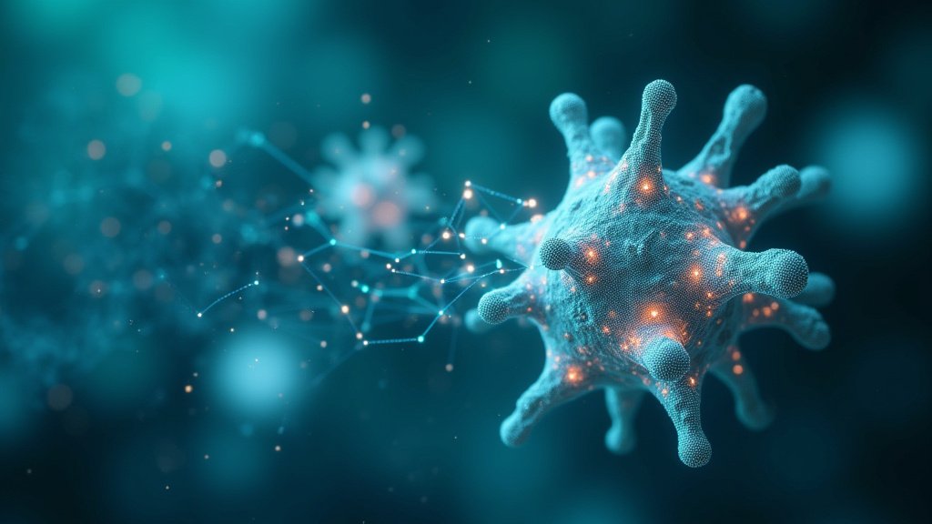 Symbolic image of a high-tech AI laboratory with glowing servers and holographic displays, representing Roche's collaboration with NVIDIA to accelerate drug discovery and diagnostics.